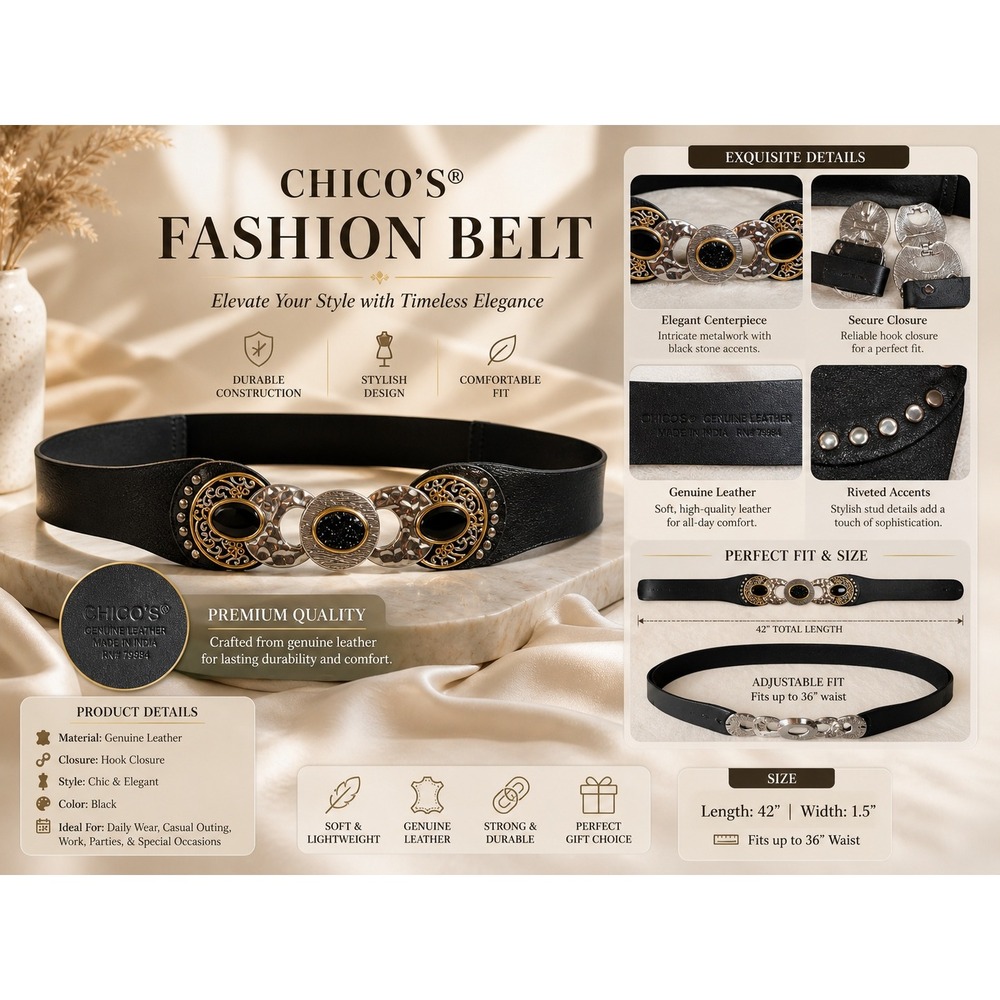 Chicos Black Leather Mixed Metal Statement Buckle Belt‎ Cabochon Stones Size M L